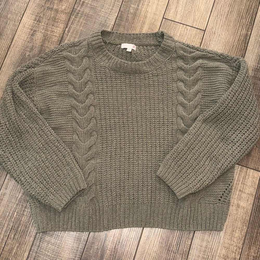 SO Womens Olive Green Cable Knit Chenille Sweater Large Crew Neck Pullover L